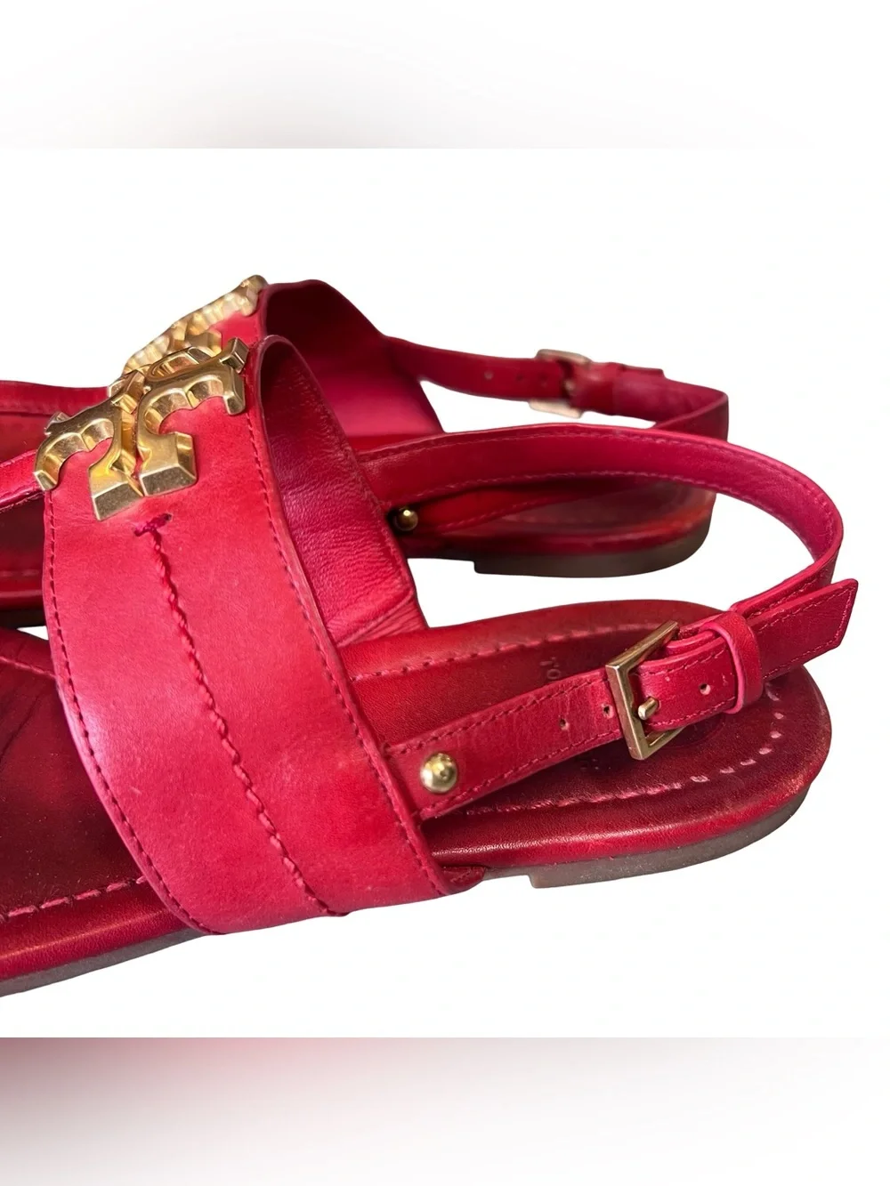 Tory Burch Women’s Sz 7.5 Red Leather Everly Sandals T-Strap Gold Logo